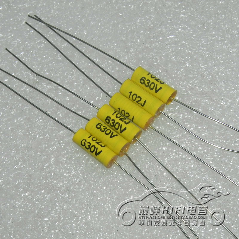 1 peças/1 lote taiwan hualun faradd 102j 630v0.001uf 1nf amarelo através-centro capacitor de filme axial