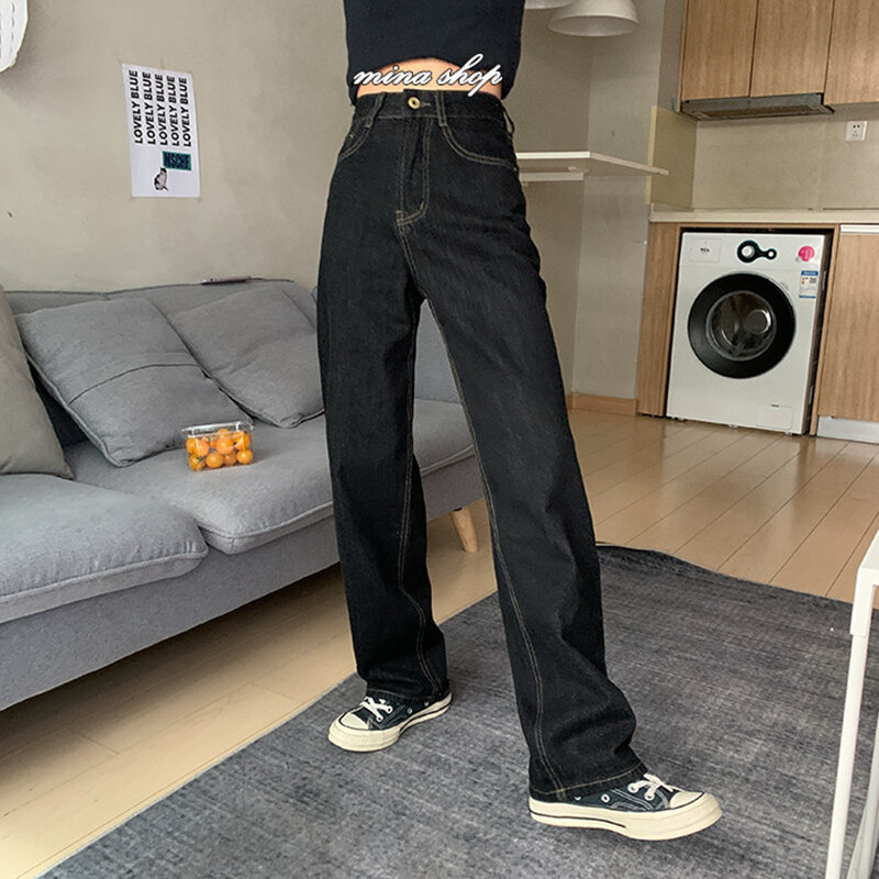 Vintage wysokiej talii kobiet czarne dżinsy koreański moda Streetwear szerokie nogawki Jean kobiece spodnie jeansowe proste Baggy mama spodnie dżinsowe