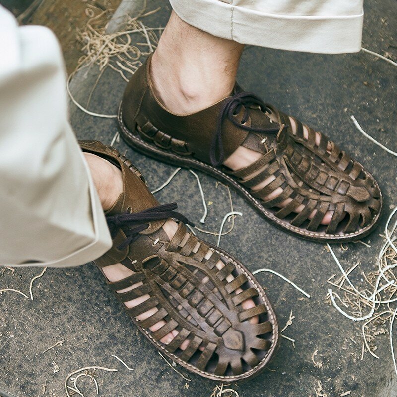 Sandalias de cuero genuino de vaca para hombre, calzado de lujo de marca italiana, estilo Gladiador, punta estrecha, hecho a mano, con cordones