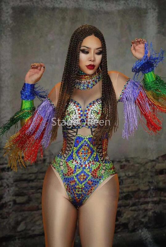 Strass colorati Frange Body Costume delle Donne Di Compleanno di Promenade Celebrate Vestito Bar Abito Da Sera Delle Donne Ballerino Tuta