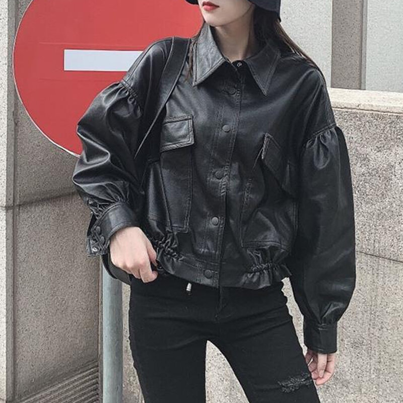 Koreaanse Zwart Moto Leren Jas Vrouwen Mode Streetwear Losse Lange Mouwen Jas Vintage Y2K Knop Warme Herfst Vrouwen Jas