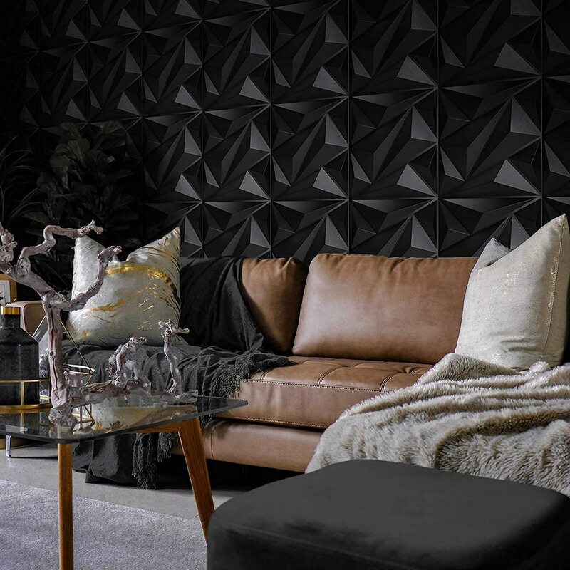 Paneles de pared 3D de plástico de 50x50cm, color negro diamante para sala de estar, dormitorio, Fondo de TV, paquete de 12 azulejos