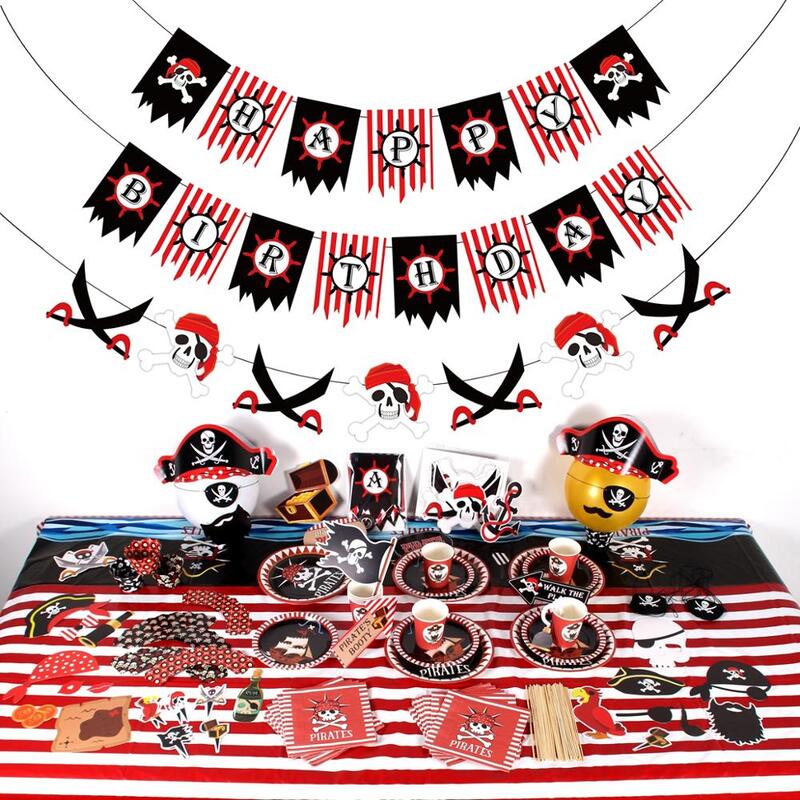 Piracki motyw jednorazowe zastawy stołowe Happy 1st dekoracje na imprezę urodzinową dla dzieci papier serwetkowy płyty pirat materiały urodzinowe