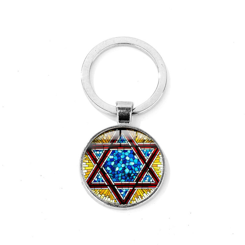 Estrela de david padrão na moda chaveiros cúpula de vidro convexo chaveiro seis pontos estrela amuleto religião símbolo pingente jóias presente