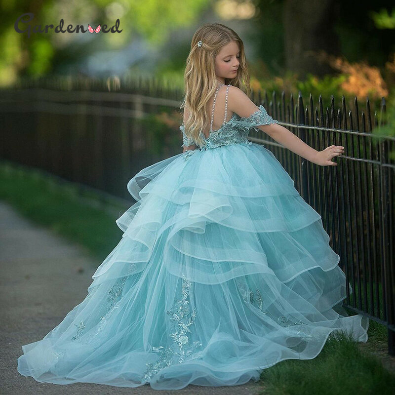 Bufiaste kwiatowe sukienki dla dziewczynek Off The Shoulder Princess Dress tiulowa bufiasta pierwsza sukienka komunijna śliczna sukienka dla dzieci