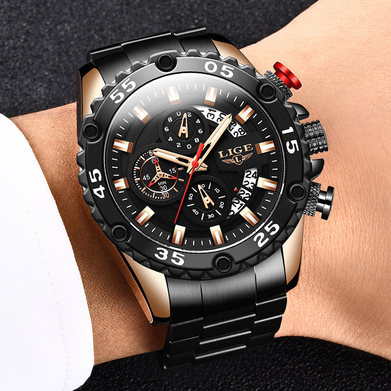 2023 Moda Mens Relógios LIGE Top Marca Relógio De Luxo Homens Aço Inoxidável Big Dial Impermeável Esporte Quartz Relógio Cronógrafo + Caixa
