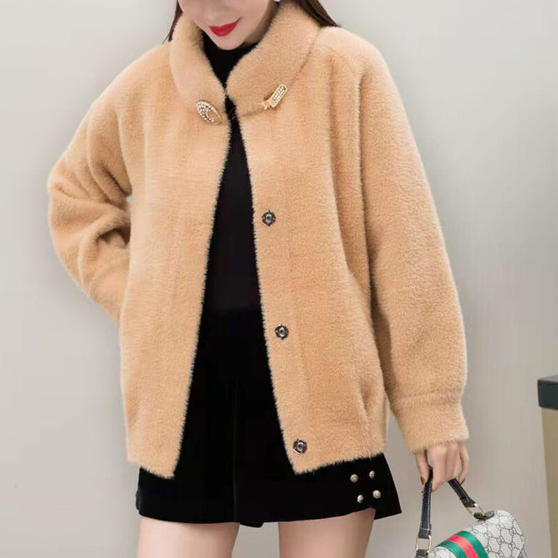 Chaqueta holgada de piel de visón para Mujer, suéter de terciopelo de imitación, cárdigan de punto, abrigo femenino, otoño e invierno, nueva tendencia