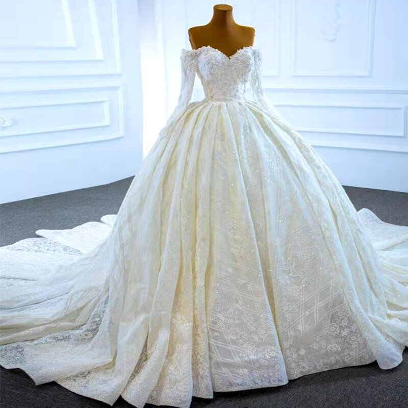 J67224 elegante querida princesa vestidos de casamento 2020 apliques bola vestidos manga longa cristal rendas até trás