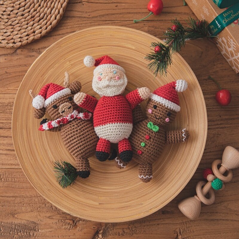 Sonajeros de ganchillo de Papá Noel para bebé, juguete de Navidad, sonajero mordedor de madera seguro para el cuidado de los niños