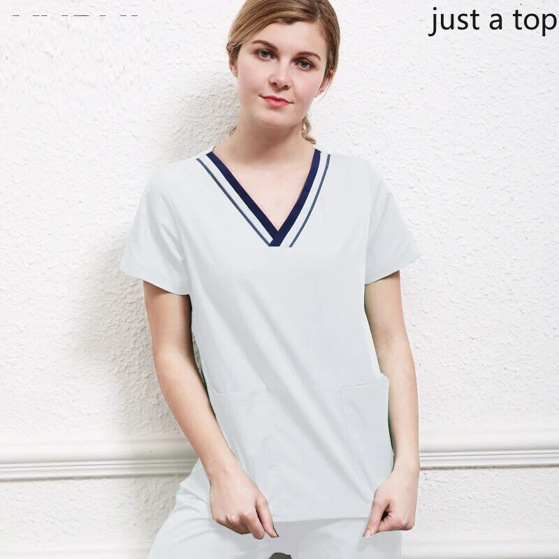 Women's Classic V Neck Scrub Top Short Sleeves Shirt Color Blocking Design Workwear Medical Uniforms Beauty and Health Uniforms