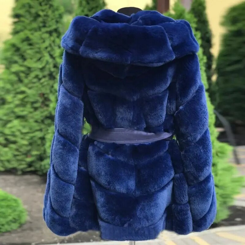 Mantel Bulu Perempuan Cantik Jaket Bulu Kelinci Rex Alami untuk Wanita dengan Sabuk Pakaian Luar Kualitas Tinggi Ukuran dan Warna Kustom