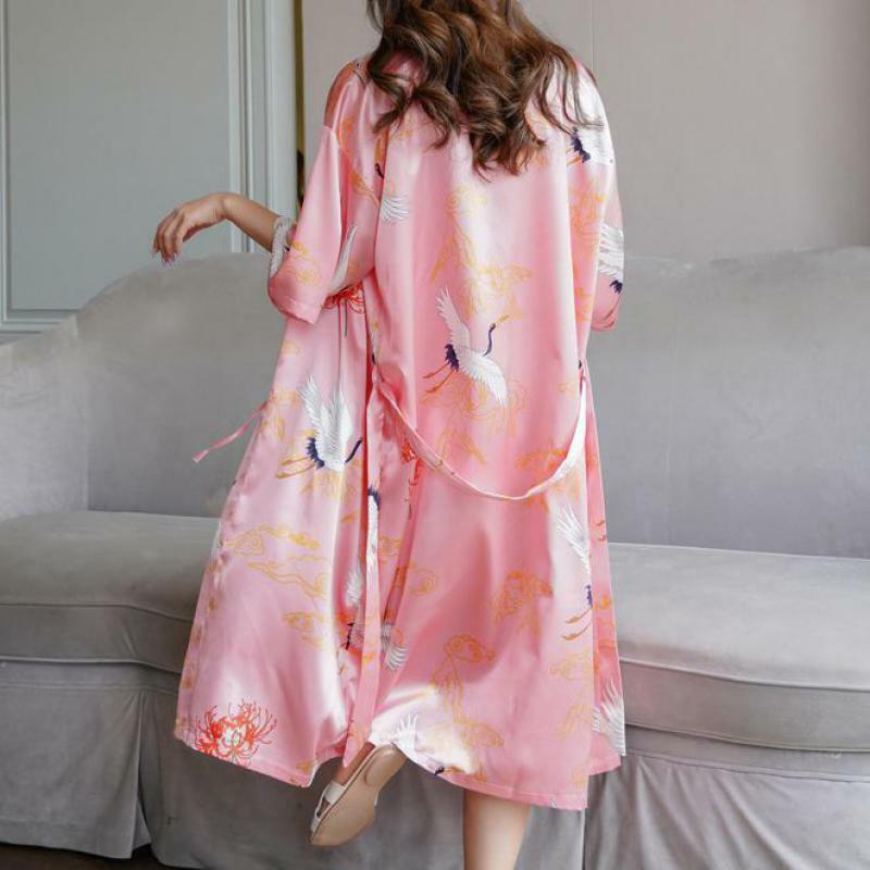 Faux Zijde Print Crane Nachtkleding Vrouwen Sexy Robe Kimono Gown Losse Intieme Lingerie 2021 Nieuwe Bruid Bruidsmeisje Wedding Robe