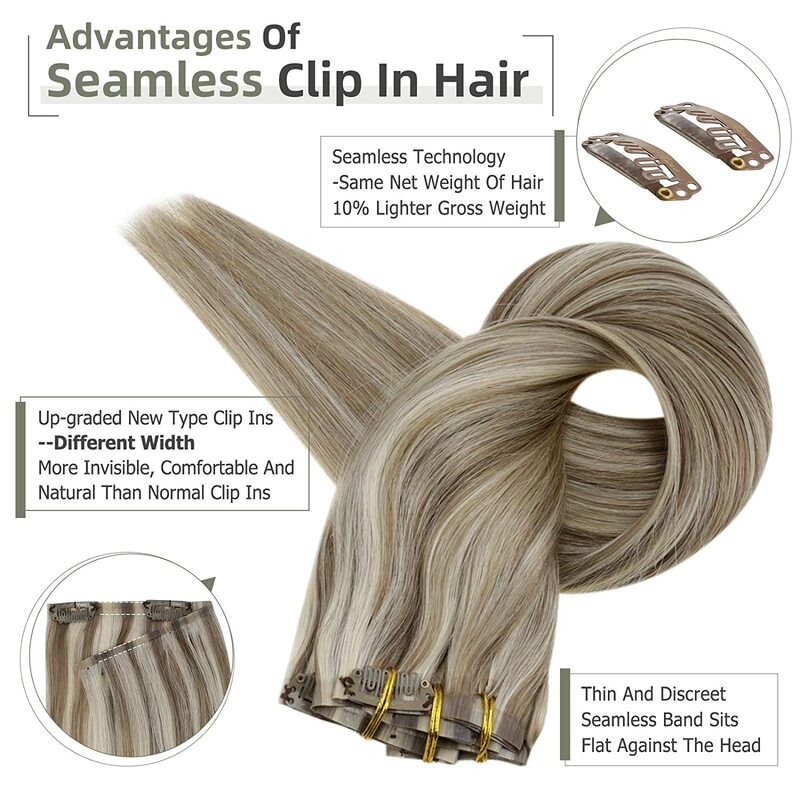 Extensiones de cabello humano Remy Full Shine PU Clip, 100g, sin costuras, Invisible, Color rubio Balayage
