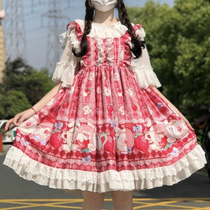 Lolita vestido renascentista de coelho, vestido fofo de coelho para festa e chá jsk