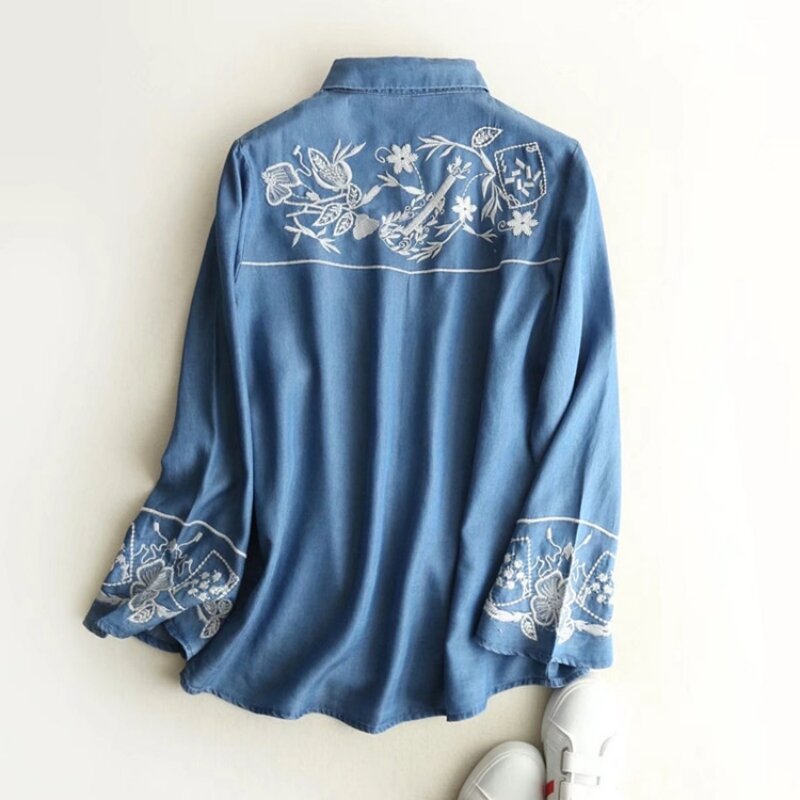 Blusa vaquera de manga larga para mujer, camisa con bordado de flores, holgada, Vintage, para primavera y otoño