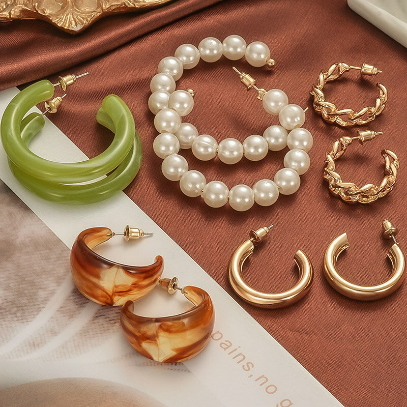 Pendientes de aro de círculo grande de oro para mujer, conjunto de pendientes colgantes de perlas geométricas acrílicas, joyería de moda