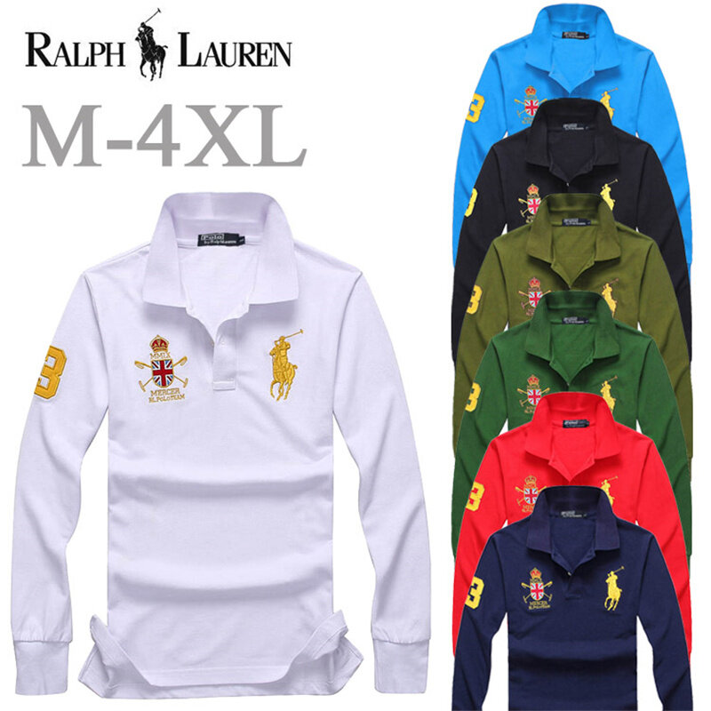 RALPH LAUREN- Original Polo Shirt Men Tops Summer Long Sleeve Fashion Clothing 100% Cotton Mans Tee Shirt