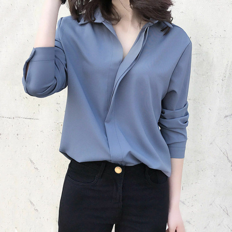 Блузка женская шифоновая с длинным рукавом, свободная рубашка с V-образным вырезом, однотонная, большие размеры 3xl/4xl, весна/лето