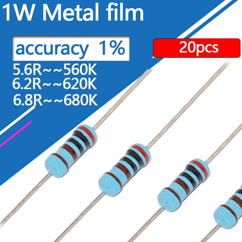 Resistor de película metálica de 20 piezas, anillo de cinco colores, resistencia 0,56, 0,62, 0,68, 5,6, 6,2, 6,8, 560, 620, 56, 62, 68, 680, 1% R, K, Ohm, 1W