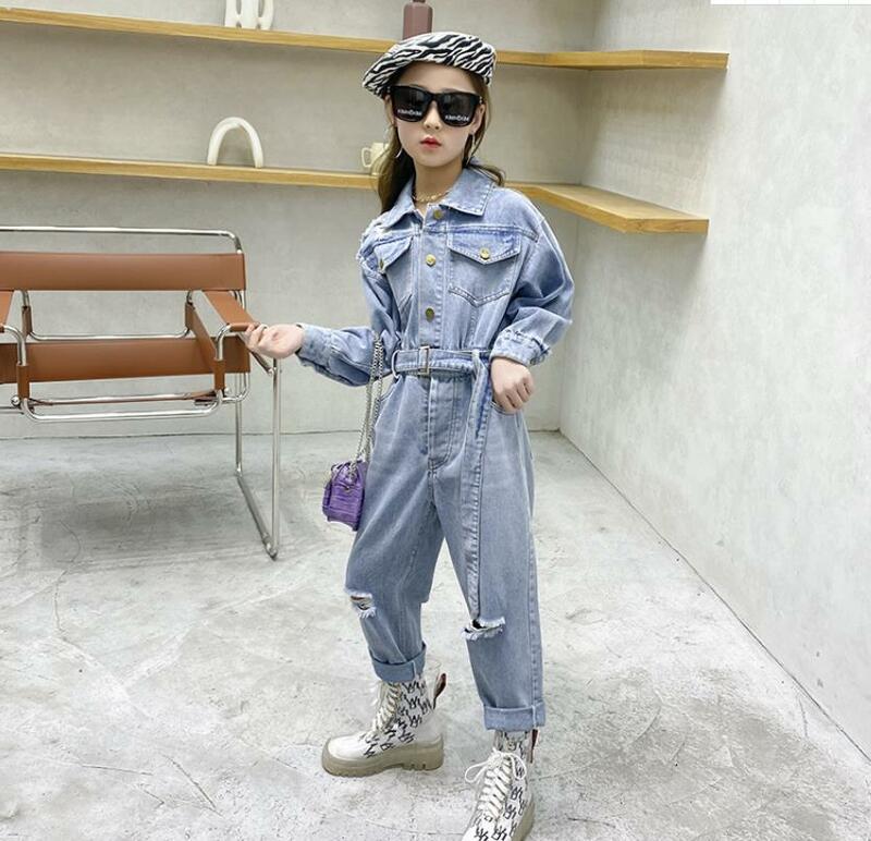 Children denim fashion hole jumpsuits 2021 spring autumn new loose pants baby girl and boys overalls teedage clothing ws1989