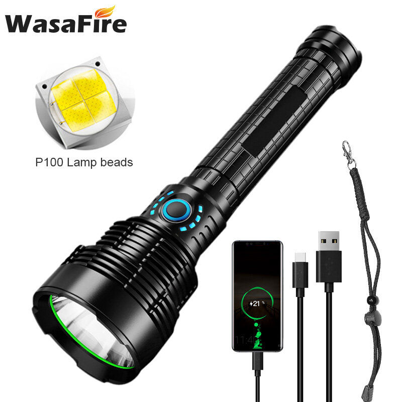 Lampe de poche Portable P100, lumière forte, longue portée, Rechargeable par USB, éclairage d'extérieur, autodéfense, sans batterie
