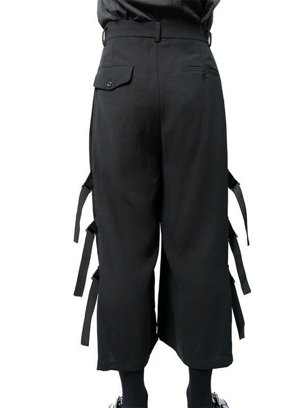 Pantalones informales de pierna ancha para hombre, bolsa escolar juvenil urbana oscura, de estilo cantante, estilista, con hebilla, nuevo