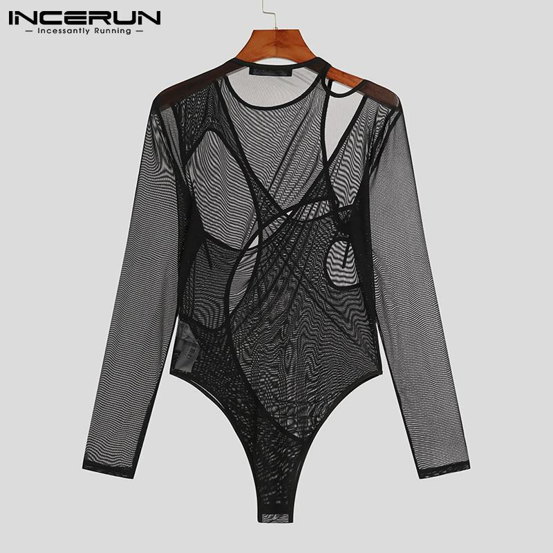 INCERUN-Bodysuits de malha sexy dos homens, ver através de roupas íntimas, o-pescoço, manga comprida, oco, macacão irregular, pijama, S-5XL