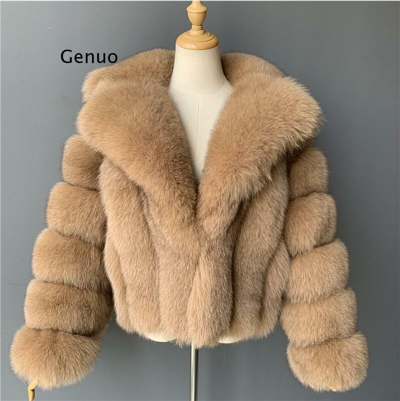 女性の冬の毛皮のコート,長袖の毛皮のコート,折りたたまれた襟,ショートジャケットとふわふわの毛皮のコート