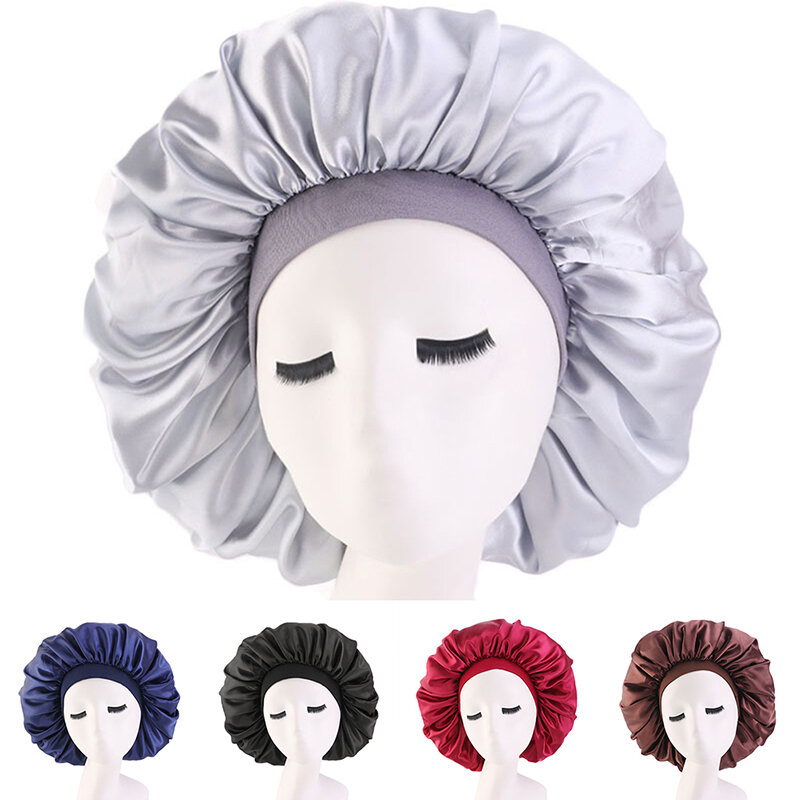 1Pc  Print Satin Silky Bonnet Sleep Cap With Premium Elastic Band For Women Solid Color Head Wrap