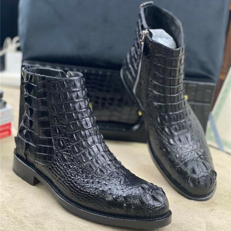 Goodyear-Botas cortas de piel de cocodrilo auténtica para hombre, botines hechos a mano con cremallera, zapatos de invierno, estilo británico