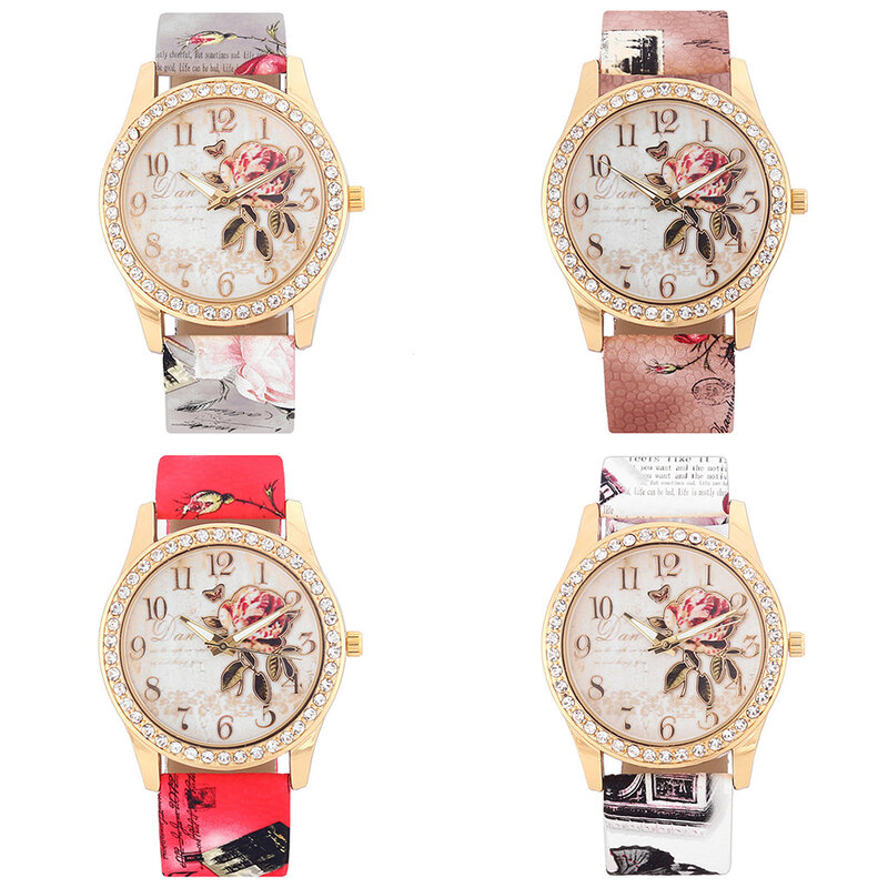 Fashion Women Print Rose Pattern Rhinestone Wrist Watch Casual Clock Quartz watch reloj mujer relogio feminino reloj hombre Ladi