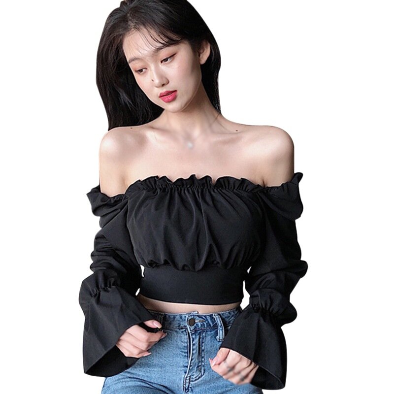 Корейский стиль женские блузки крест-ремни сексуальные похудение пузырь рубашки с длинным рукавом блузки топы