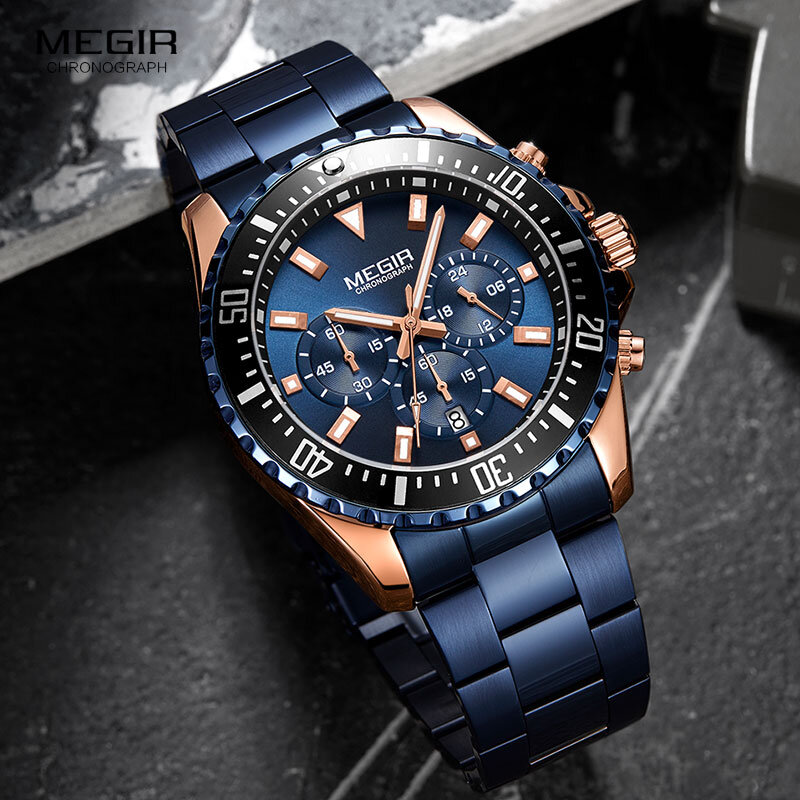 MEGIR-ساعة رياضية فاخرة للرجال ، ساعة يد من الفولاذ المقاوم للصدأ ، مقاومة للماء ، زرقاء ، عصرية