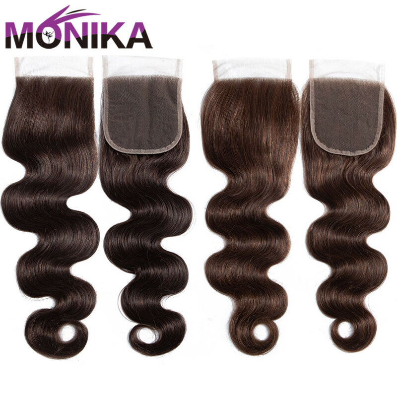 Monika-extensiones de pelo brasileñas, accesorio capilar ondulado con cierre de encaje suizo, no Remy, color marrón, 4x4, 2 #4
