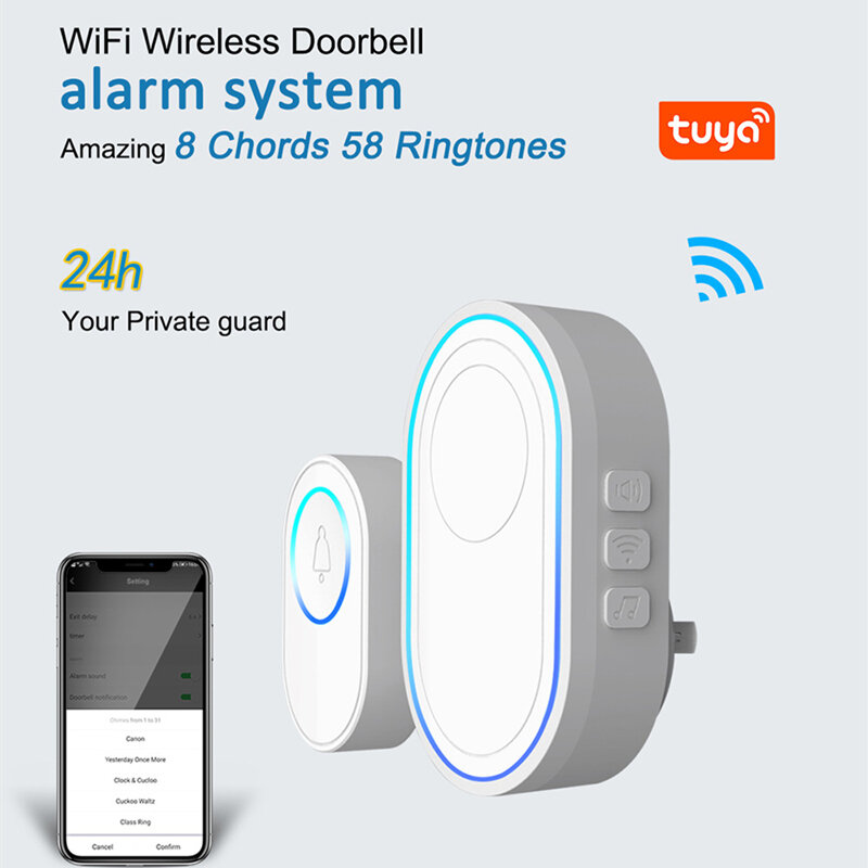 Беспроводной умный дверной звонок Tuya с Wi-Fi, умный дверной звонок с сигнализацией, 5 лет автономной работы, 58 мелодий, 5 уровней регулировки громкости