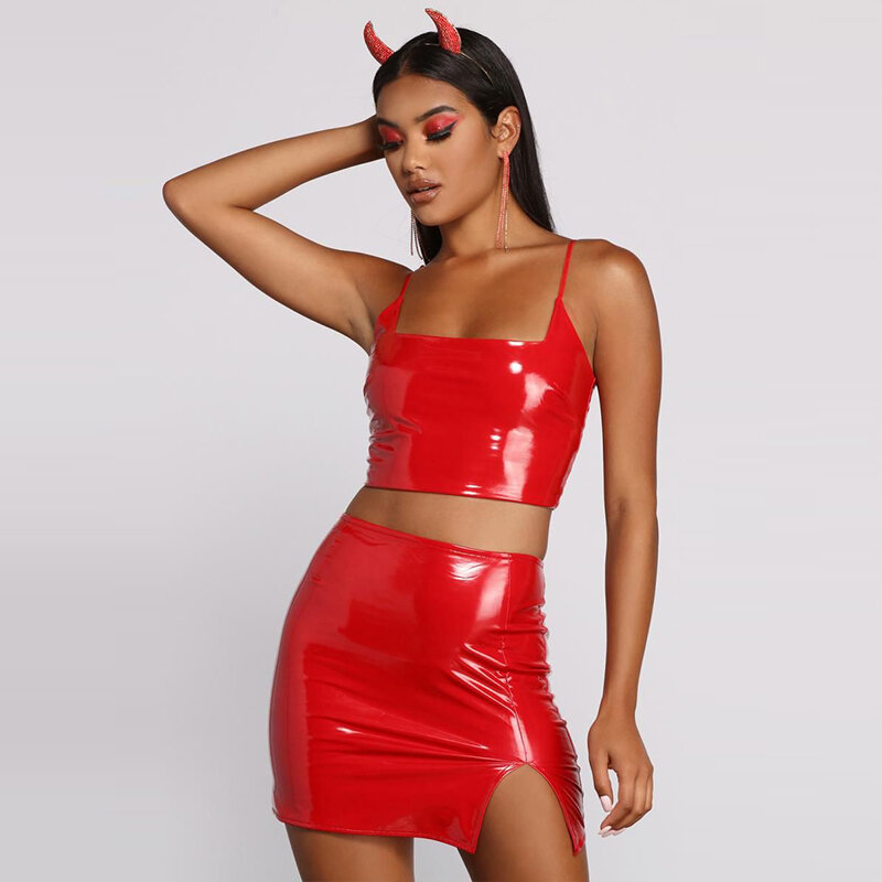 Women's PU Leather Cami Skirt Sets, Crop Top, Short Mini Skirt, 2 Piece Sets, PU Faux Leather Suits, Summer Outfits, Sexy Custom