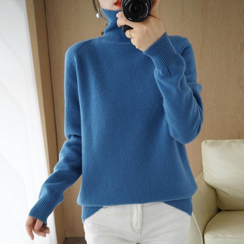 100% Wool Women Turtleneck Knitted Long Pullovers Autumn Winter Casual Loose Solid Sweaters Thick Knitting Jumper Ladies sweater