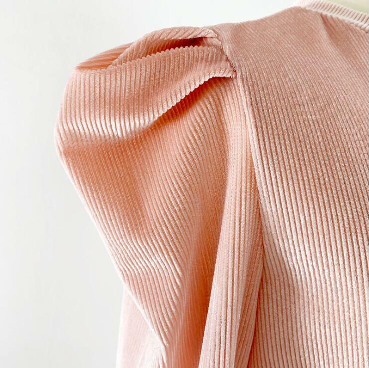 Srebrny Puff bluzka z długim rękawem Casual damski, wiosenny dopasowany sweter z okrągłym dekoltem topy moda damska aksamitna koszula bluzki Streetwear