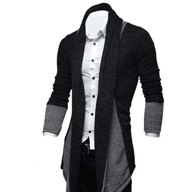 Cardigan tricoté mi-long pour hommes, automne hiver Patchwork col montant pull manteau vêtements d'extérieur