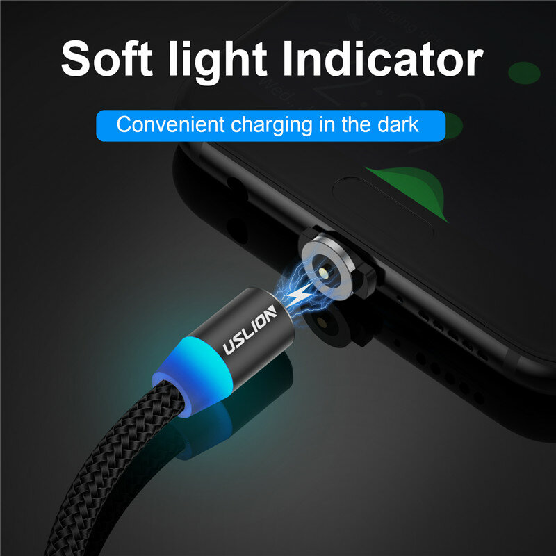 USLION LED Magnetic USB Cable Fast Charging USB Type C Phone Cable Magnet Charger Data Charge Micro USB For iPhone 14 For Xiaomi
