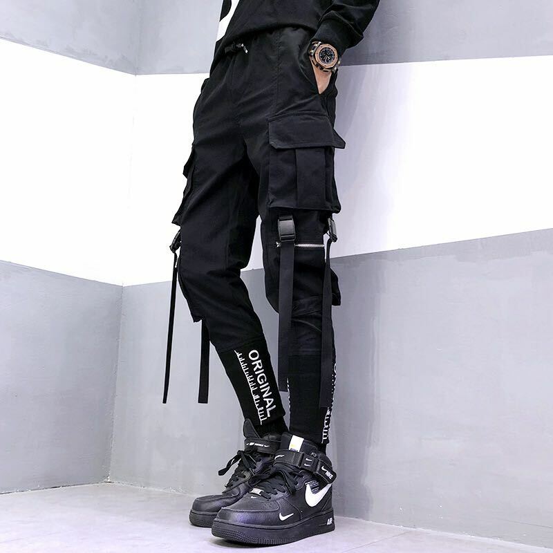 Męskie spodnie hip-hopowe czarne Cargo spodnie dresowe do biegania kombinezony męskie wstążki Streetwear spodnie haremowe damskie spodnie modowe