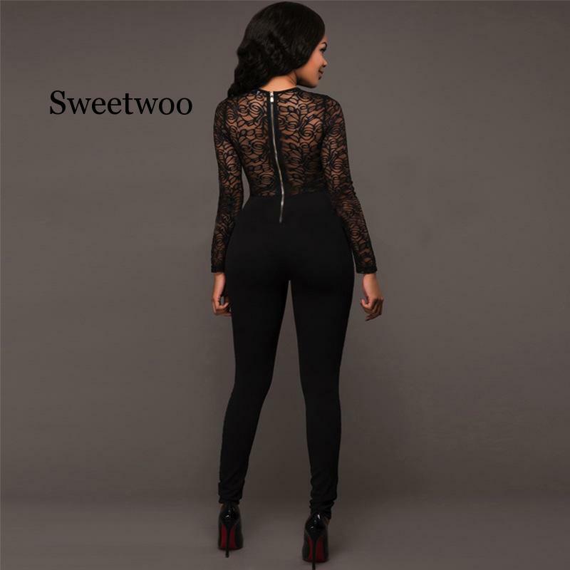 Vrouwen Lace Hollow Out Jumpsuit Patchwork Sexy Hoge Taille Potlood Broek Rits Night Club Rompertjes