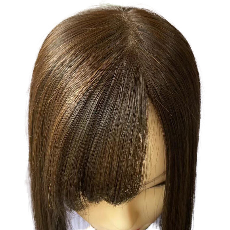 Topper de cabello humano Marrón con flequillo lateral para mujer, peluquín con Base de piel superpuesta, 5x5 pulgadas, parte superior del cuero cabelludo, 4D, Clip de flecos en postizos