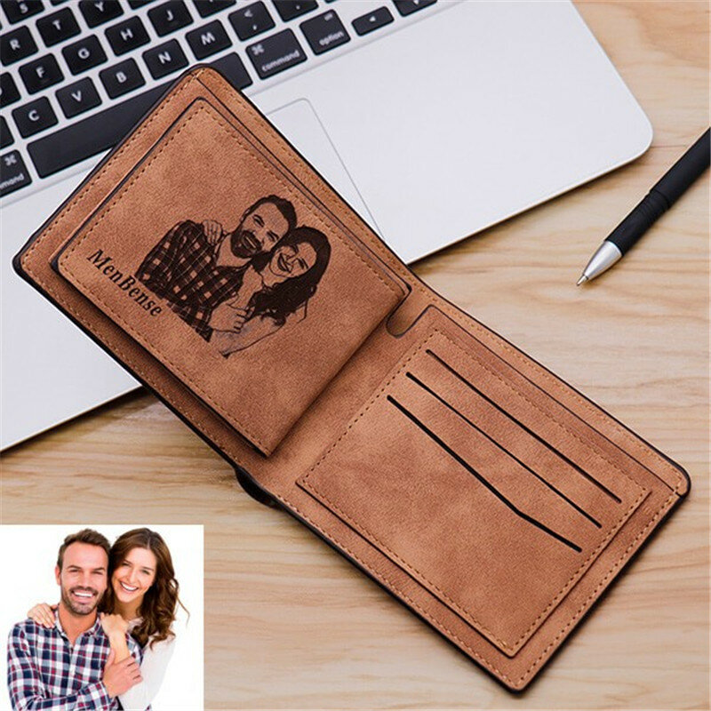 Men's Short PU Leather Wallet Engraved Photo Personalized Purse High Quality Vintage Slim Wallet Father's Day Dad Christmas Gift