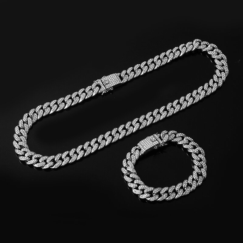 Iced Out Paved Rhinestones 1Set 13MM Silver Color Full Miami Curb Cuban Chain CZ Bling Rapper Necklaces For Men Hip Hop Jewelry