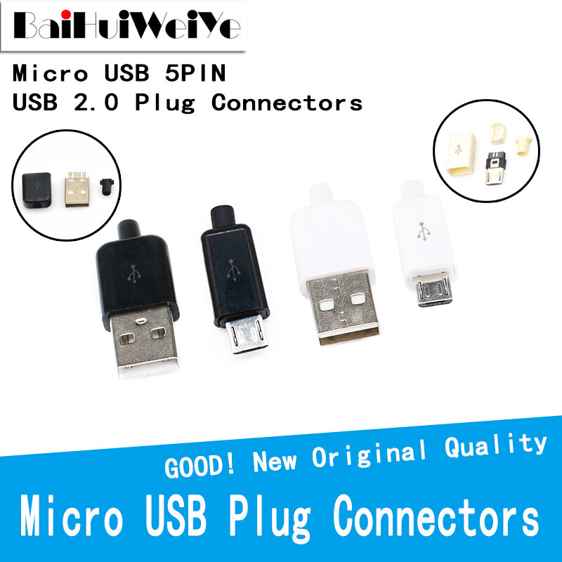 DIY 마이크로 USB 플러그 타입 수 어셈블리 어댑터 소켓 납땜 타입 플라스틱 데이터 충전기 연결, 5 핀, USB 2.0, 4 핀, 10 개