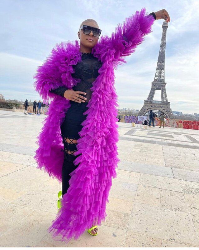 Fashion Long Tulle Coat Long Sleeves Custom Made Plus Size Extra Puffy Reffules Purples Tulle Photo Shoot Over Outfits