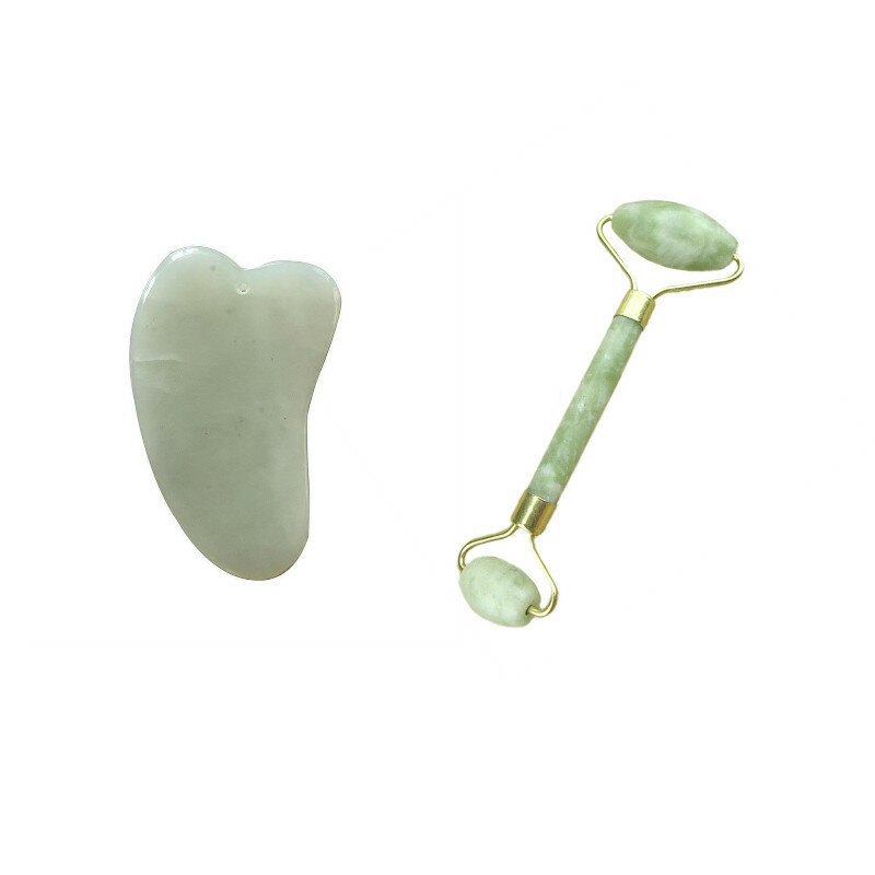 Набор инструментов для гуаша и массажа, зеленый скребок из натурального нефрита с камнями для лица, шеи, спины и челюсти, 2 в 1