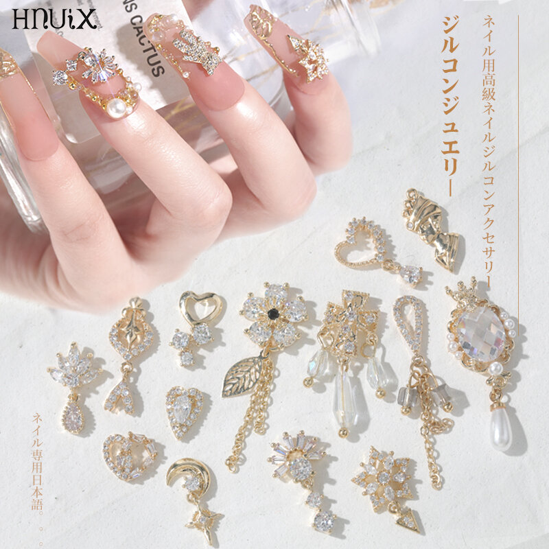 HNUIX-3D Metal Nail Art Jewelry, Decorações de Unhas Japonesas, Qualidade Superior, Cristal Manicure, Zircão Encantos De Diamante, Pingentes, 2 Peças