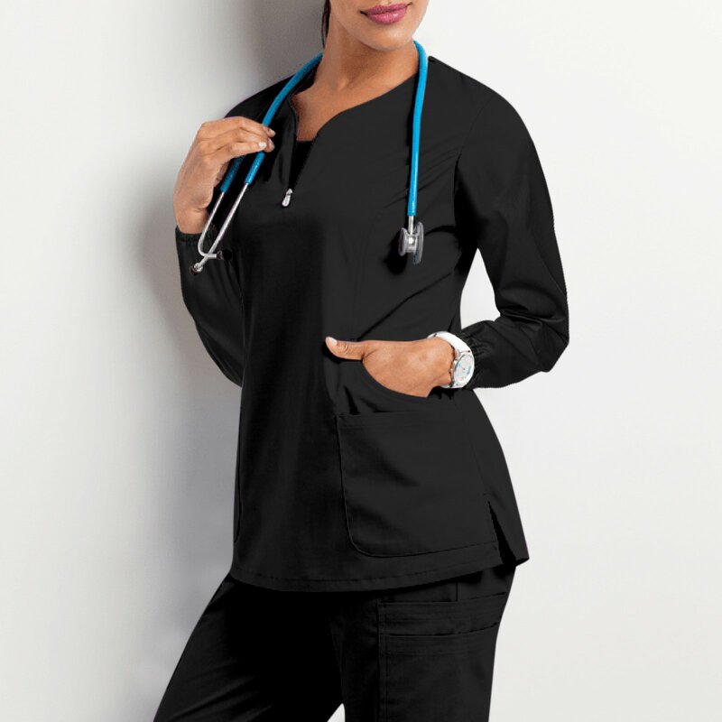 Sólido manga longa esfrega uniforme topos inverno feminino zíper v pescoço enfermeira blusa clínica farmácia túnica pet grooming cuidador macacão